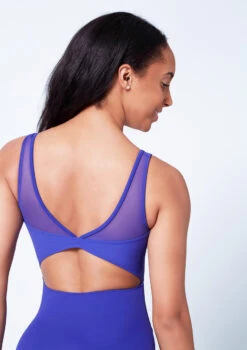 Mirella Open Back Chevron Rib Panel Leotard 16 Mirella Open Back Chevron Rib Panel Leotard -Dance Clothing Store mim3107lm blue close up back 45409.1679927450