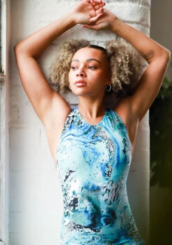 Move Dance Onyx Cross Back Unitard - Pacific -Dance Clothing Store moc0901 pac close up front 2 24081.1678928435